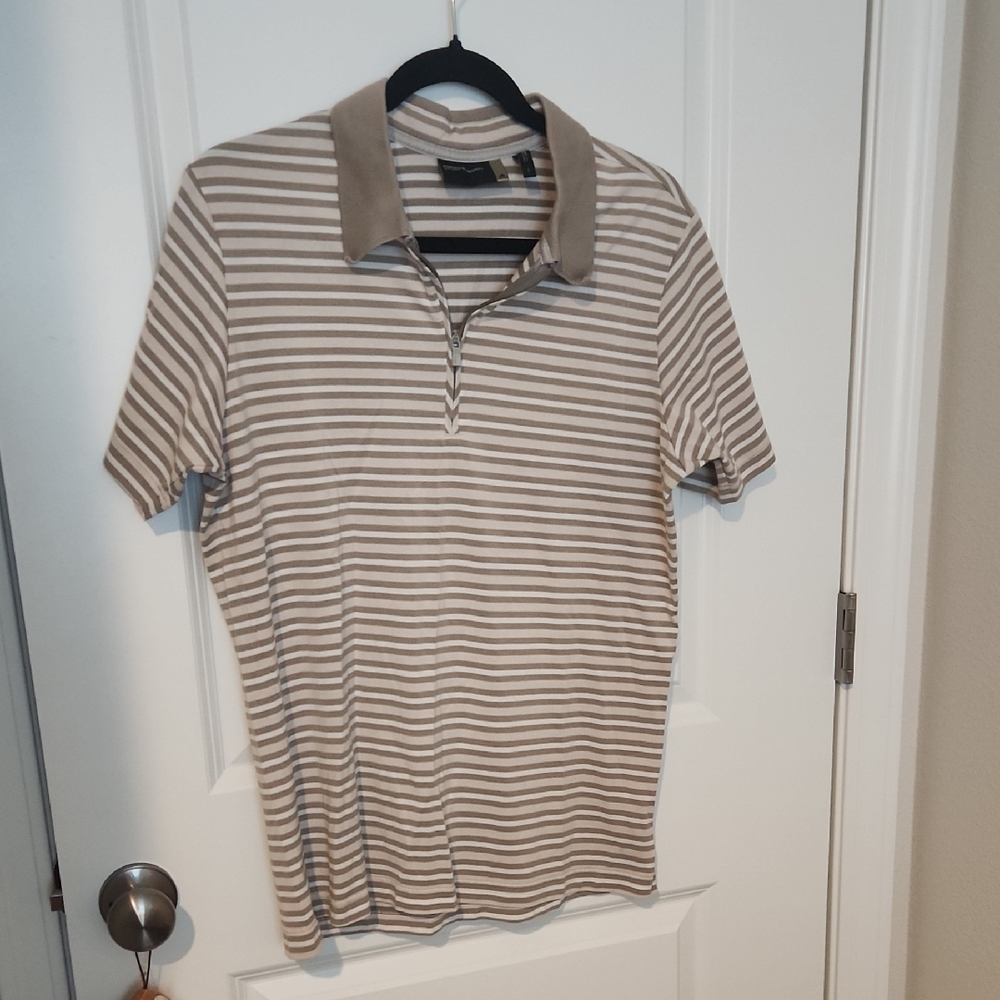 Adidas Porshe Design Men's Beige and White Striped Polo with Contrast Collar